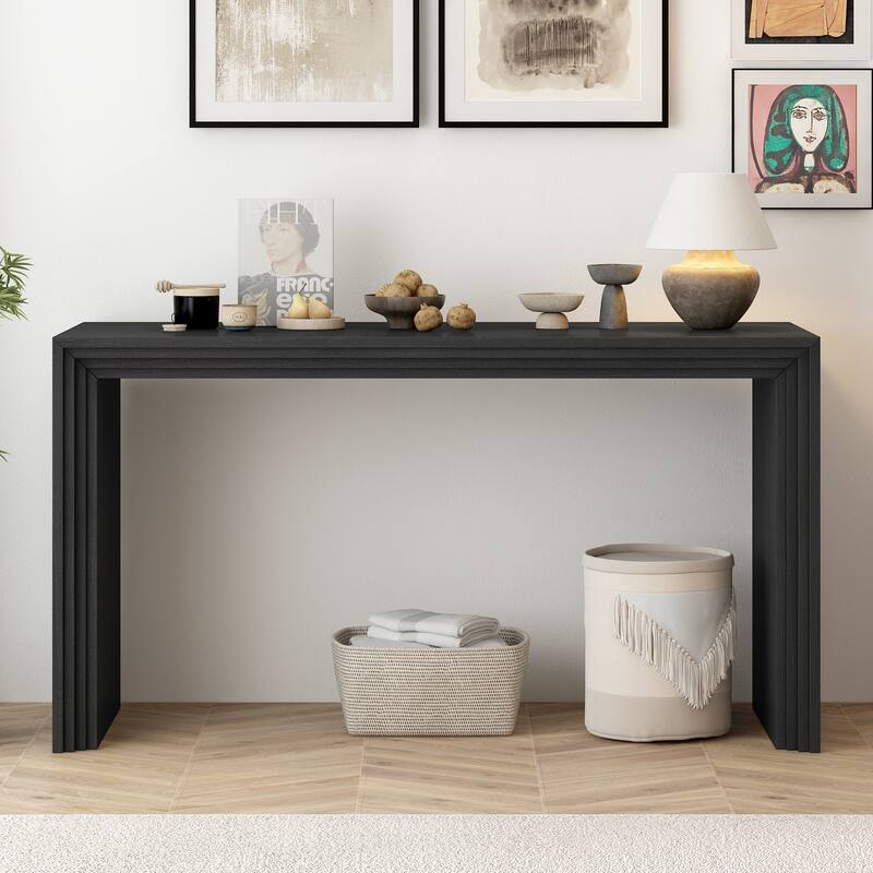 Modern Curved Waterfall Style Console Table with Wood Beaded Trim, for Entryway, Hallway, Living Room Foyer, Corridor, Black