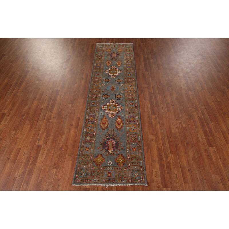 Gray Kazak Oriental Runner Rug Handmade Wool Carpet - 2'8" x 9'7"