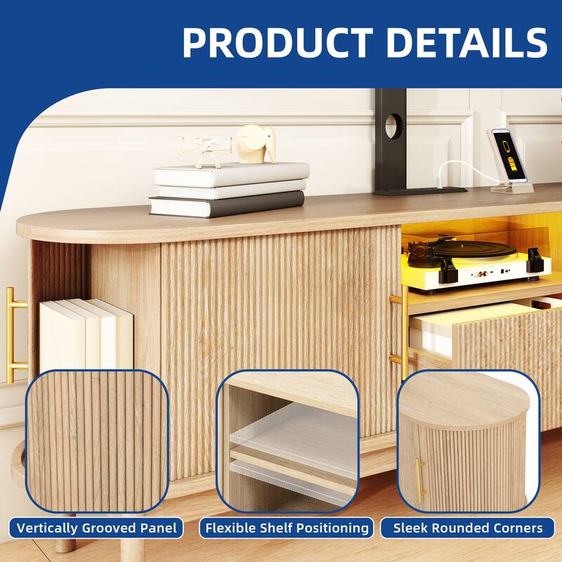 Moasis Mid-Century Modern TV Stand Fluted Entertainment Center with Mount and Drawer 2 Doors Storage Cabinets