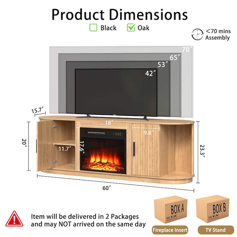 BOSSIN 60"Modern Electric Fireplace TV Stand with Fluted Panels, Adjustable Shelves, 5-Level Flame Brightness for TVs up to 70"