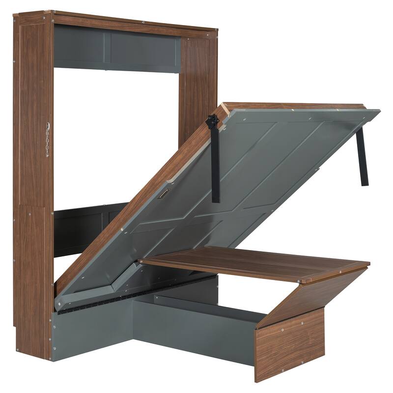Full Size Murphy Bed Office Combo with Walnut Finish, Fold Down Bed w/ Workstation for Home Office Studio Contemporary Wall Bed