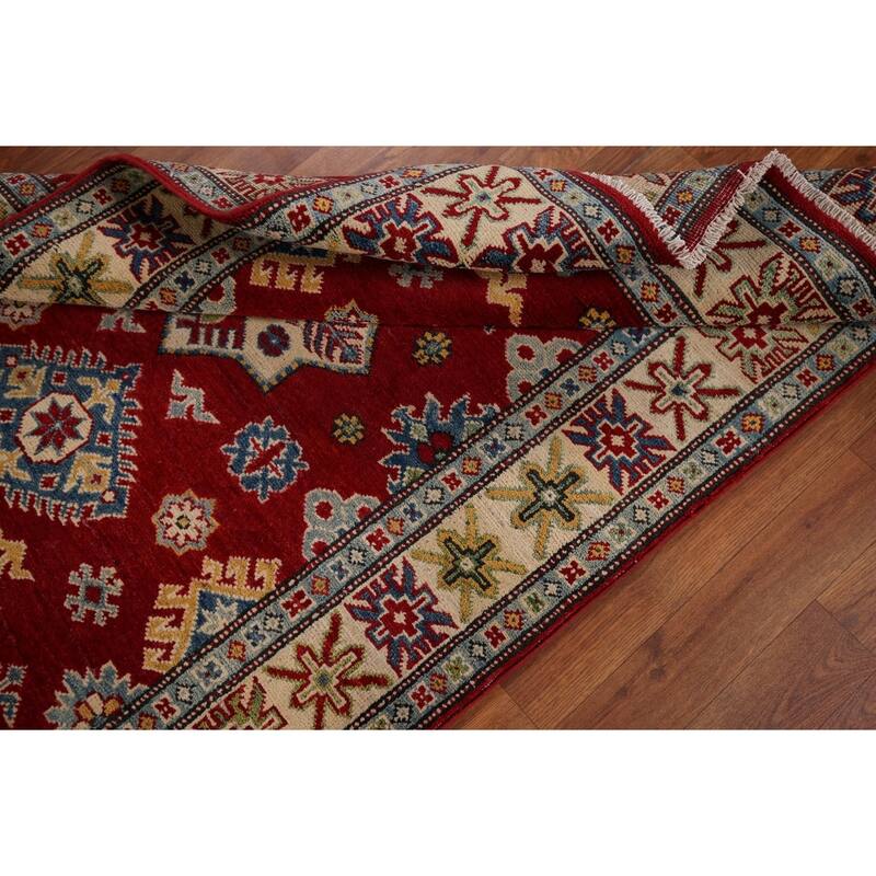 Red Geometric Kazak Accent Rug Handmade Traditional Wool Carpet - 3'5" x 5'0"