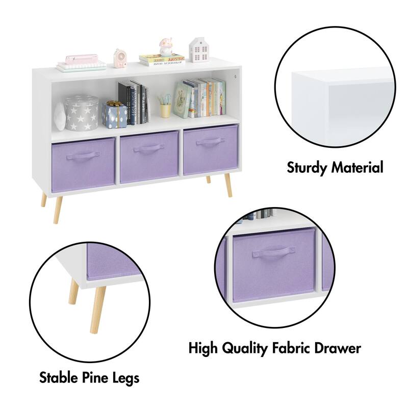 Anmytek White/Gray Kids Storage Organizer with Fabric Drawers White Bookcase Toy Display Shelf