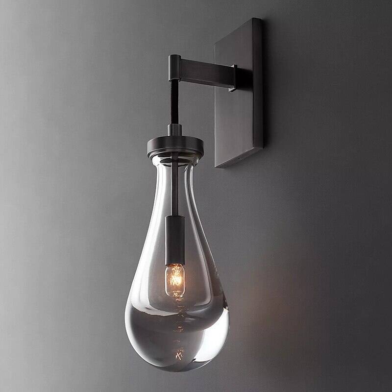 KAYLA 5in. 1-Light Black Wall Sconce, Raindrop Wall Lighting with Hand Blown Solid Glass and Brass Base, (2-Sets)