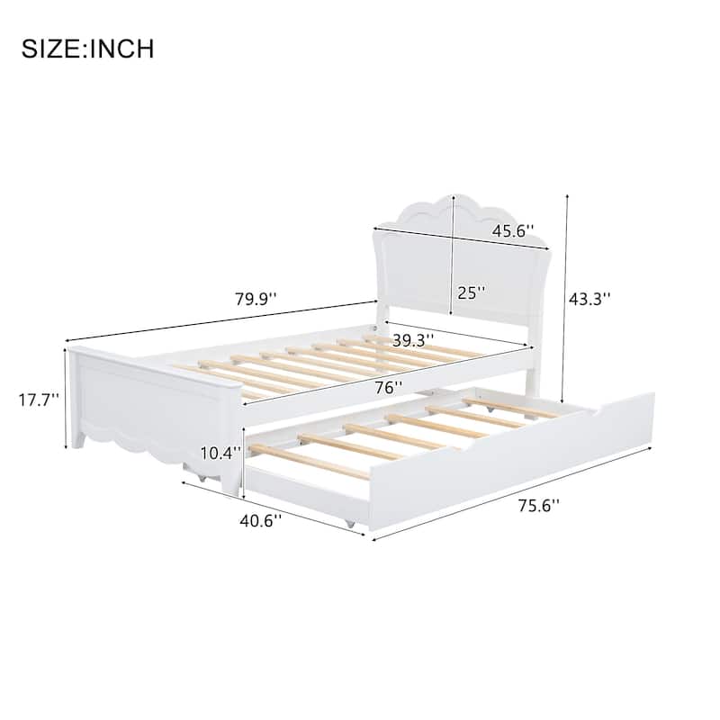 Twin Size Wood Platform Bed with Headboard and Twin Size Trundle, White