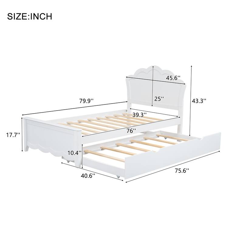 White Pine Wood Bed Frame, Twin Size Platform Bed w/Curved Headboard, Pull-out Trundle Bed for Bedroom, Apartment