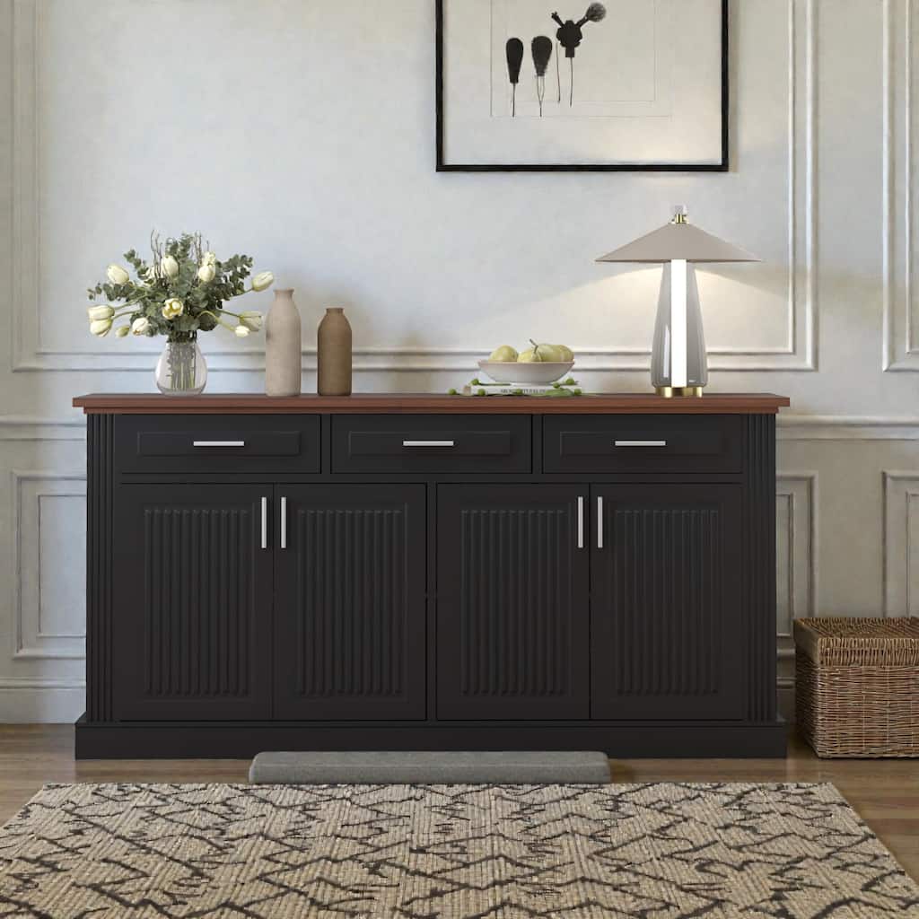63 Inch Fluted Sideboard Buffet Cabinet with Storage, 4 Doors 3 Drawers Coffee Bar Console for Dining Room
