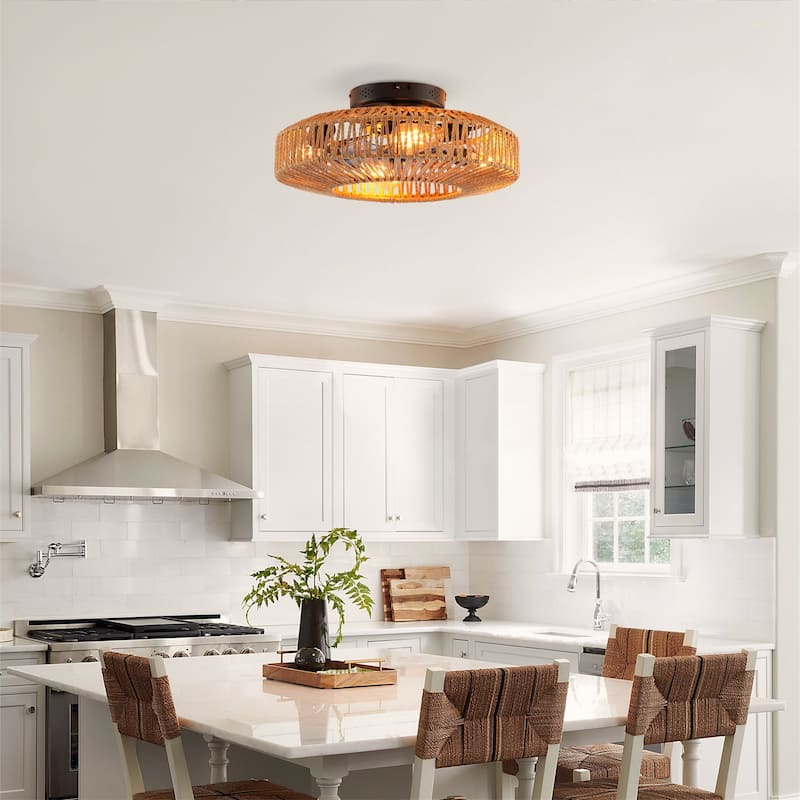 20" Rope Caged Ceiling Fans with Remote and Low Profile Chandelier 6 Speed, NOT Included Bulbs