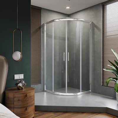 Elegant Curved Corner Entry Shower Enclosure Neo-Round 36.7" W x 36.7" D x 72" H Double Sliding Shower Doors in Chrome Finish