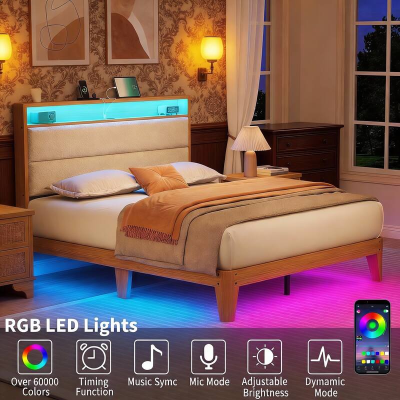 Bed Frame with LED Light, Storage Headboard and Charging Station