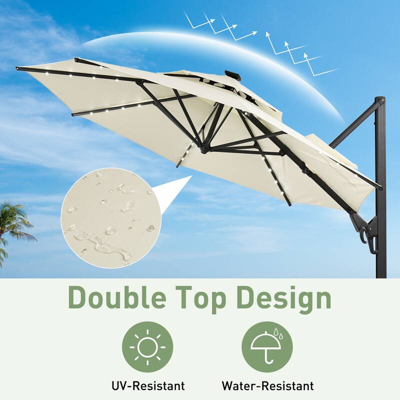 Autlaycil 10FT Cantilever Patio Umbrella with Solar Lights Included Base 360 Rotation Large Offset Hanging Outdoor Shade