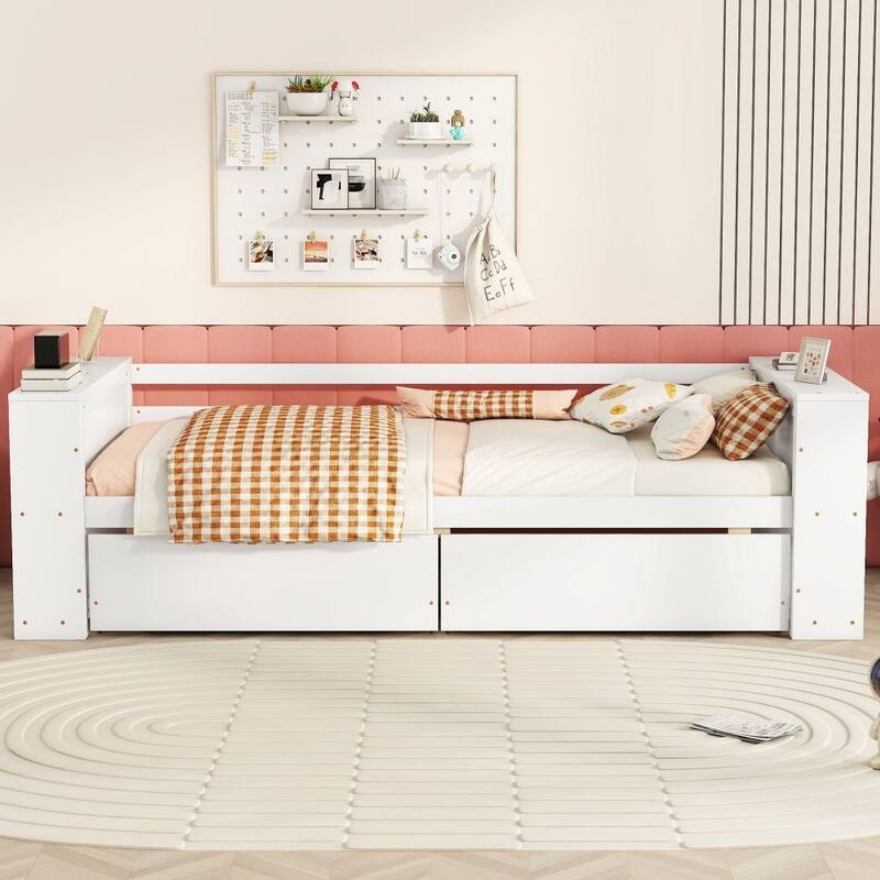 Twin Size Pine Daybed with Shelves and Drawers