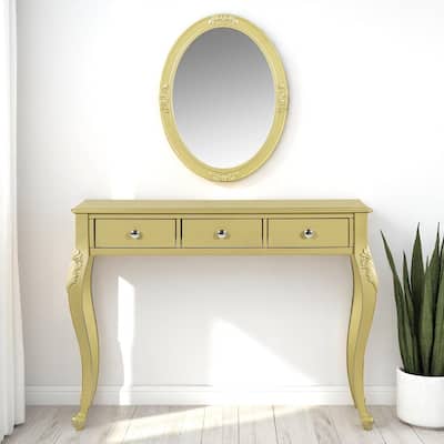 Makeup Vanity with Oval Mirror, Carved Wood Legs & Storage Drawers, 39.4" Elegant Dressing Console Table