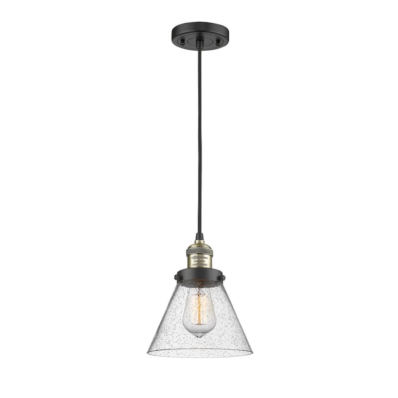 Innovations Lighting Large Cone 8" Wide Mini Pendant - Cord Suspension - Black Antique Brass / Seedy