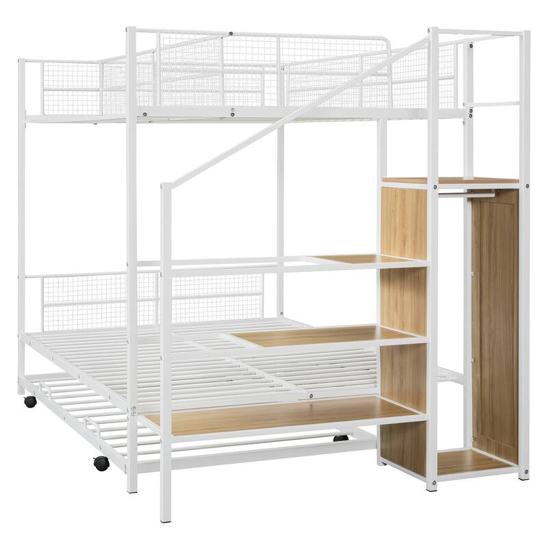 Twin Over Full Bunk Bed with Trundle, Storage Ladder, and Wardrobe, Perfect for Families or Guest Rooms