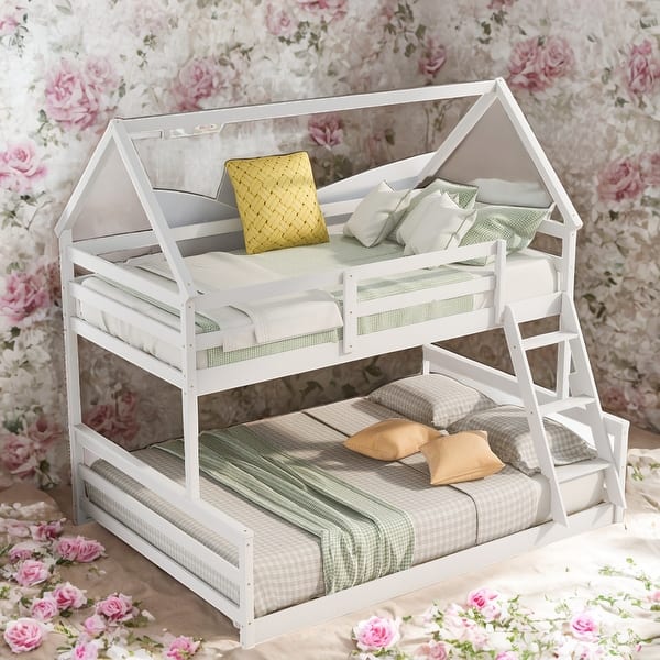 slide 2 of 9, Modern Twin Over Full Separate House Bunk Bed With Built-in Ladder,Sturdy Pine Wood Frame White
