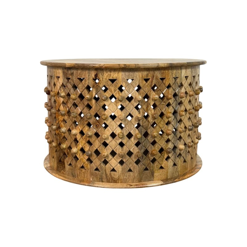 Lattice 30" Round Artisan Coffee Table - Elegant Finish Intricate Carving Solid Wood Accent Table