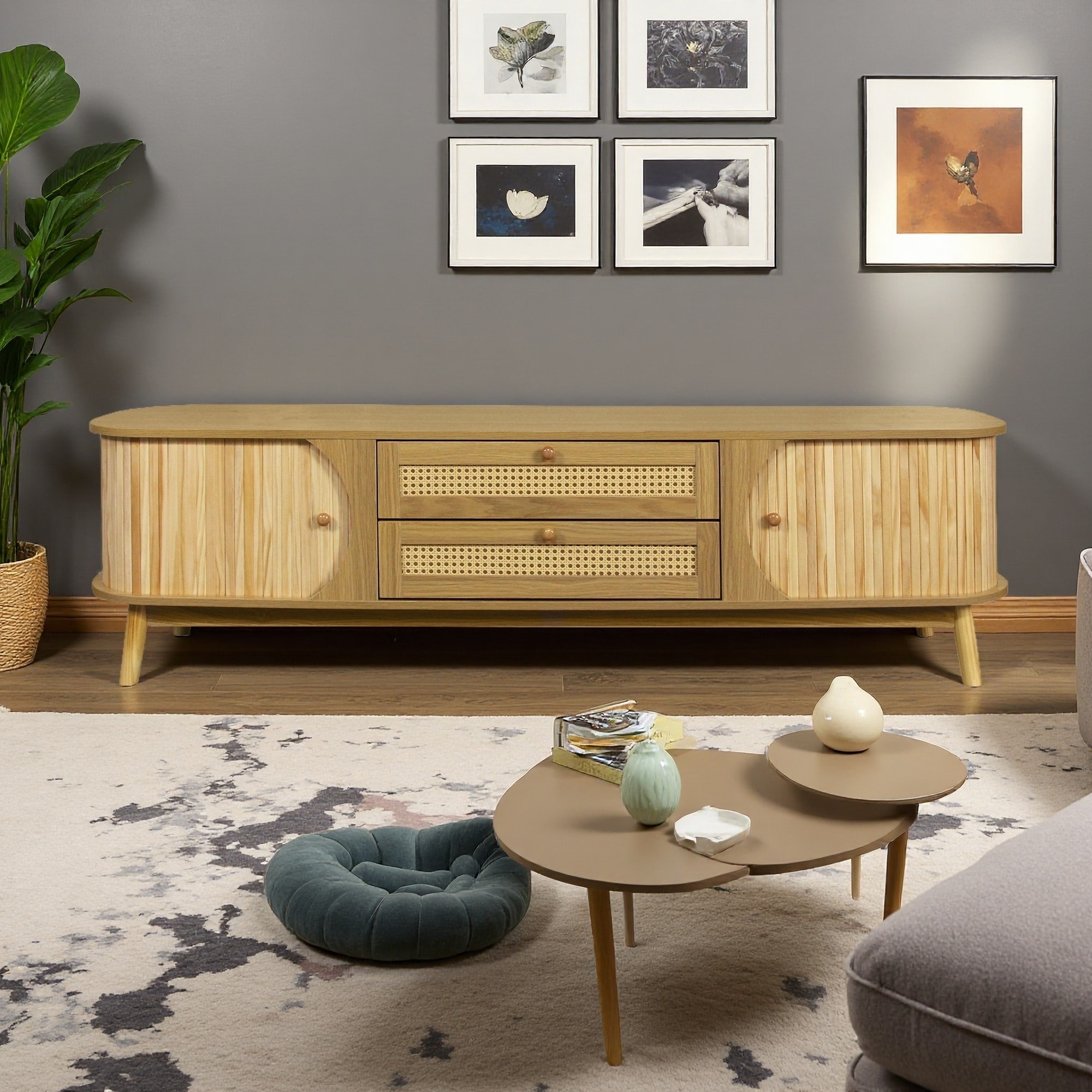 66.9" MDF Rattan-Style TV Stand with Sliding Doors and Drawers with Solid Wood Legs and Cable Management for Living Room