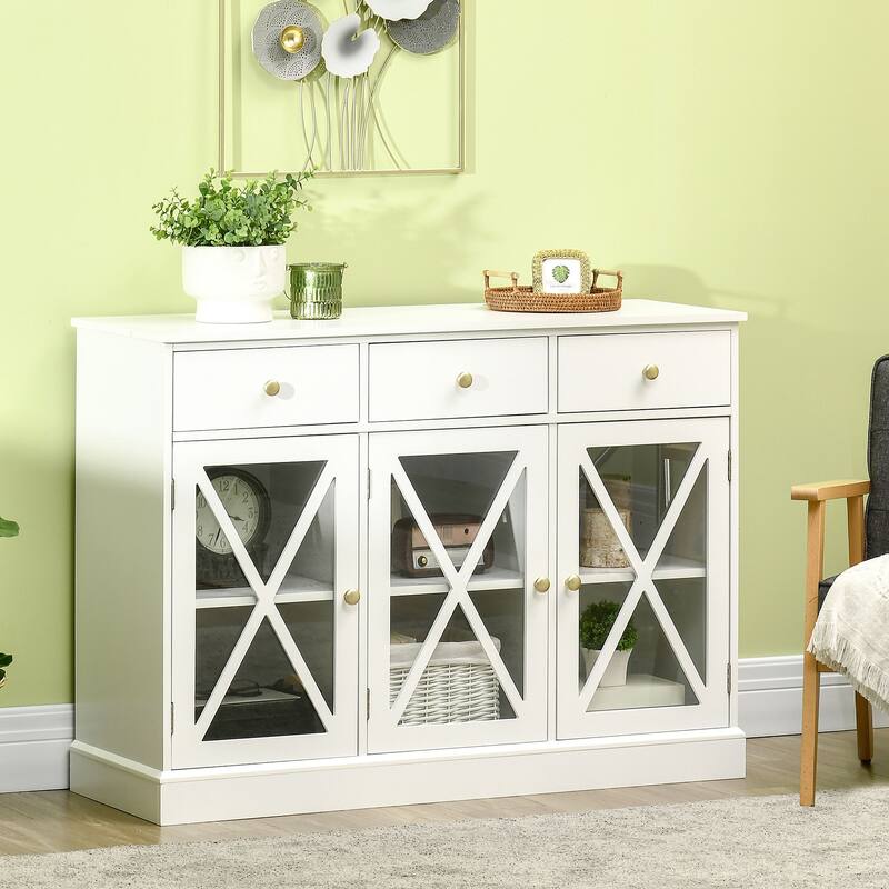45" Farmhouse Sideboard Buffet Cabinet, Credenza,Coffee Bar Cabinet with Glass Doors and 3 Drawers, White