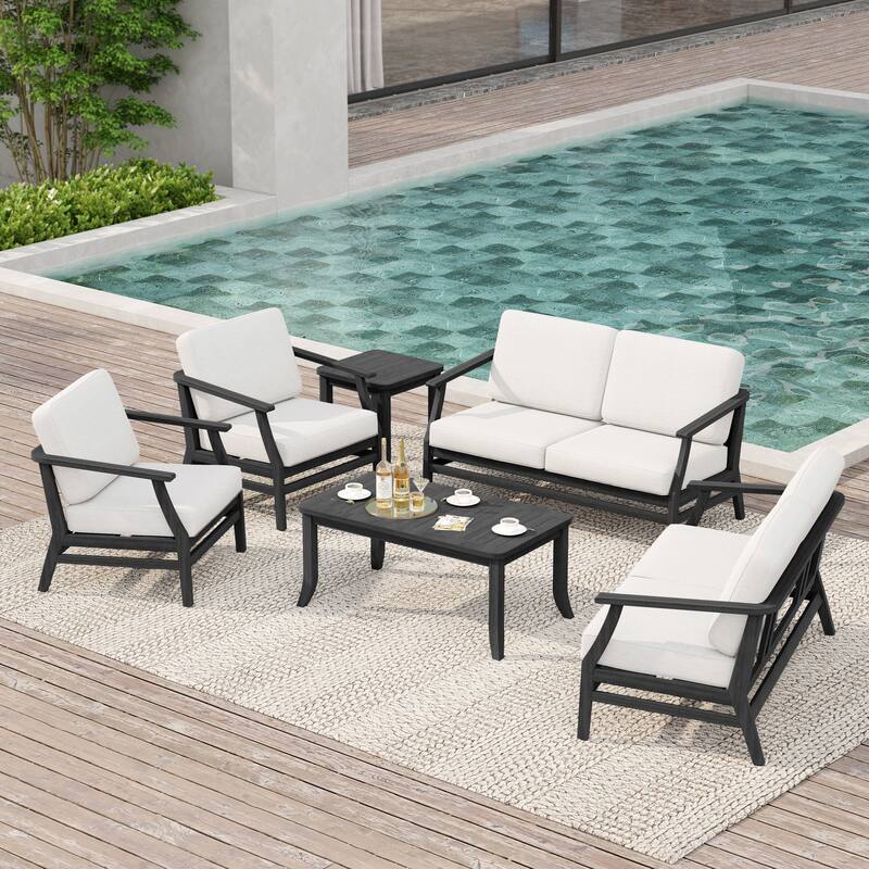 Large Outdoor Conversation Set with Patio Chairs, Loveseat, Tables - Dark Wood - Beige