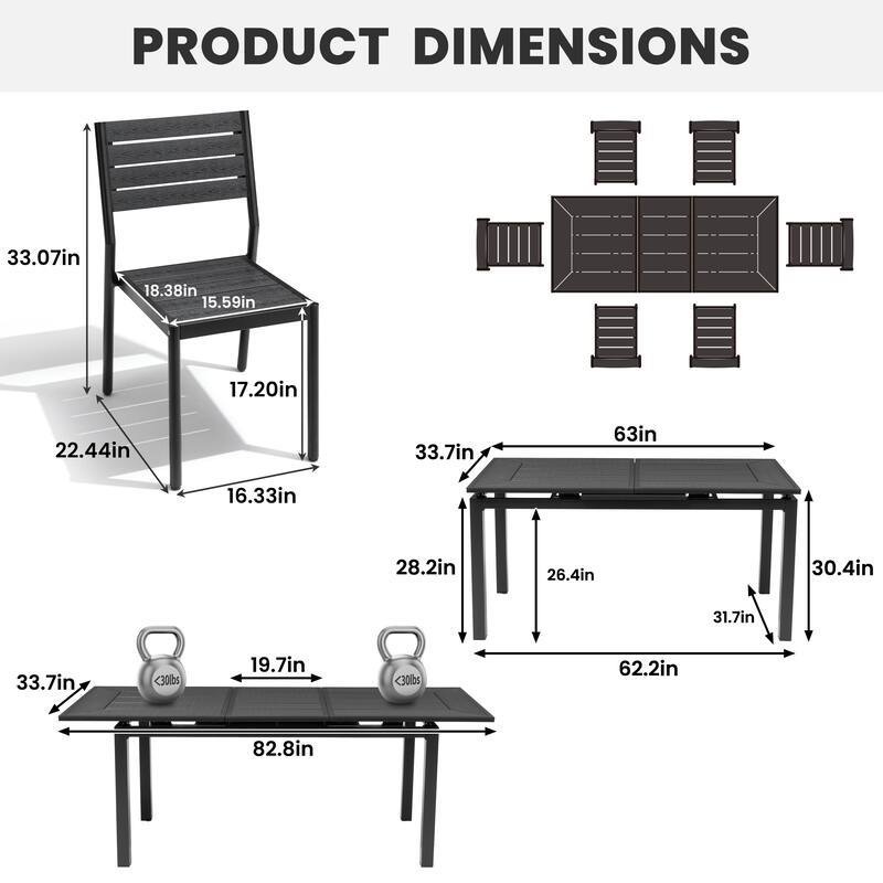 7-Piece Set Outdoor Patio Extendable Dining Table Aluminum with Stackable Chairs