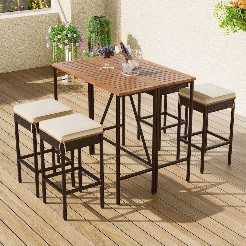 5-Piece Acacia Wood & Wicker Outdoor Bar-Height Bistro Set