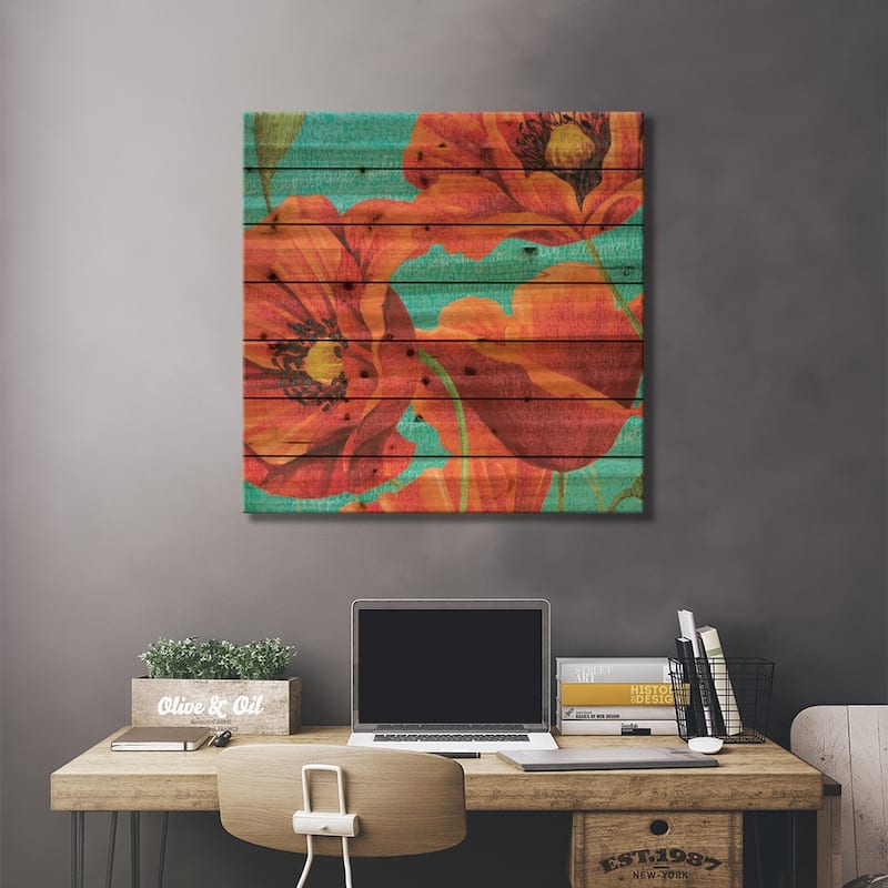 Red Poppies on Teal I Print On Wood by Studio W - Multi-Color