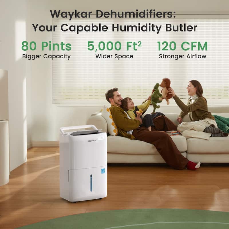 80 Pint Energy Star Dehumidifier for 5,000 Sq. Ft. Home & Basement – Auto Defrost, 40dB Quiet, Drain Hose, Water Tank