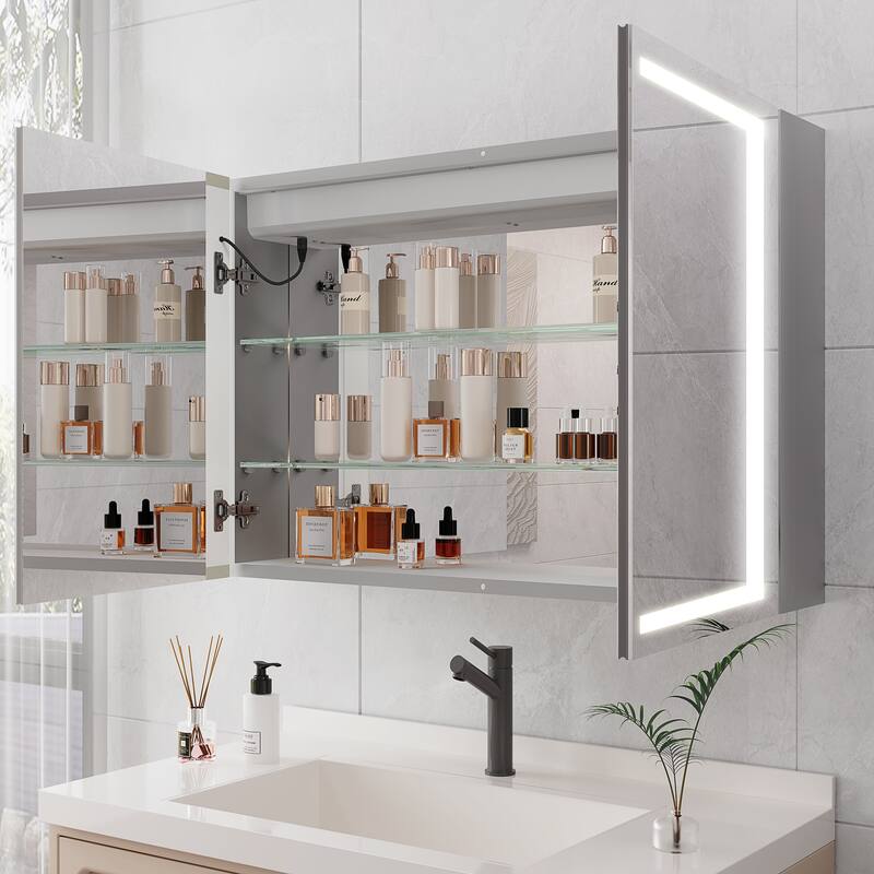 36" Surface Mount Aluminum Medicine Cabinet with Double Door, Mirror and LED Lights