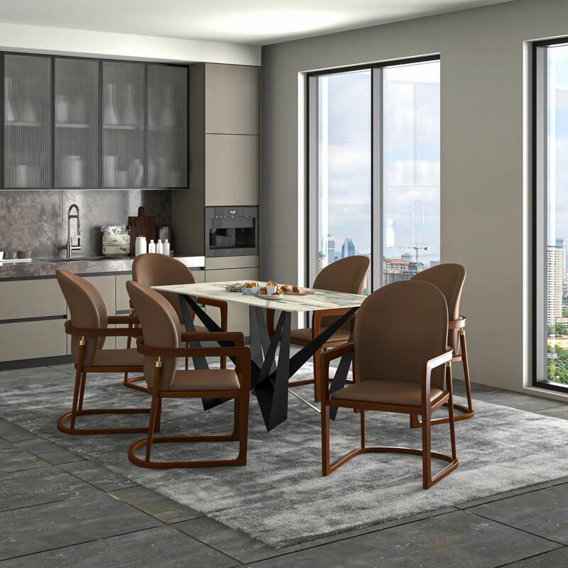 Svelta Leather Dining Chair with Rubberwood Legs Curved Back Accent Arm Chair for Kitchen and Dining Room Set of 2