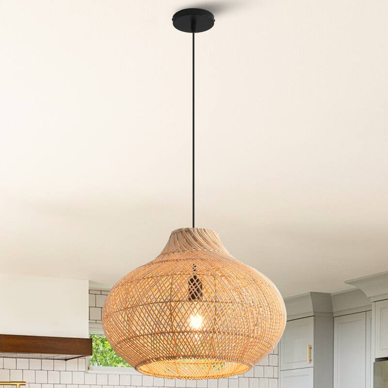 14" Coastal Natural Rattan Lantern Pendant Light Chandelier