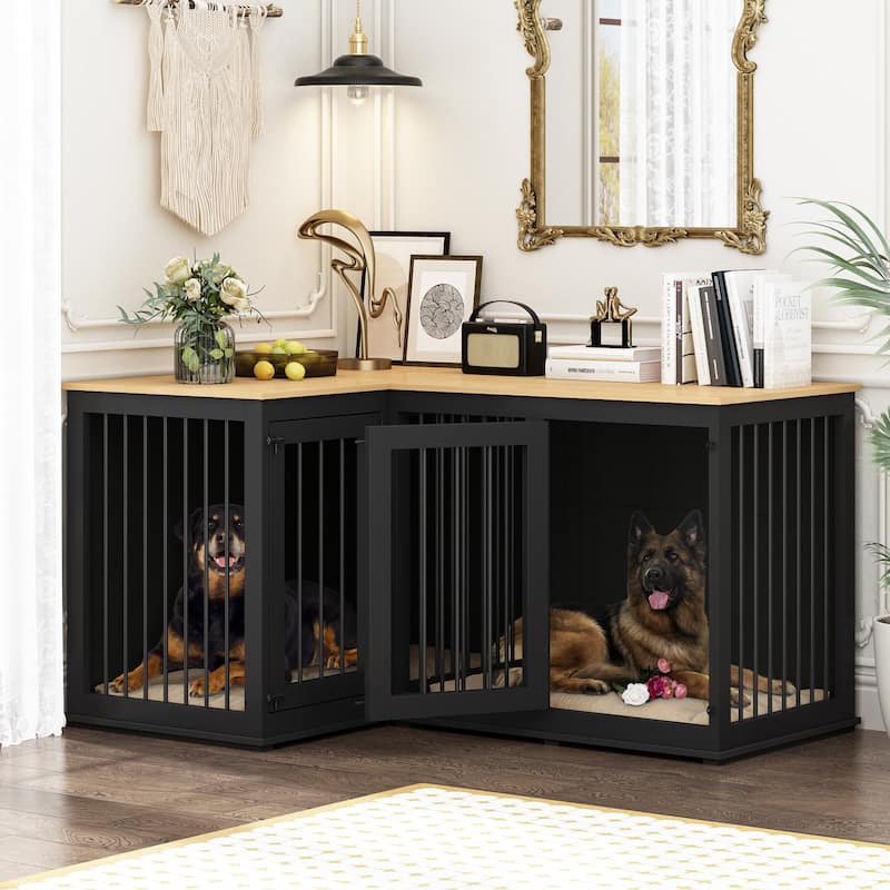 Large Corner Dog Crate Furniture for 2 Dogs, L Shape Dog Crate Cage - 58.7"X41.1"