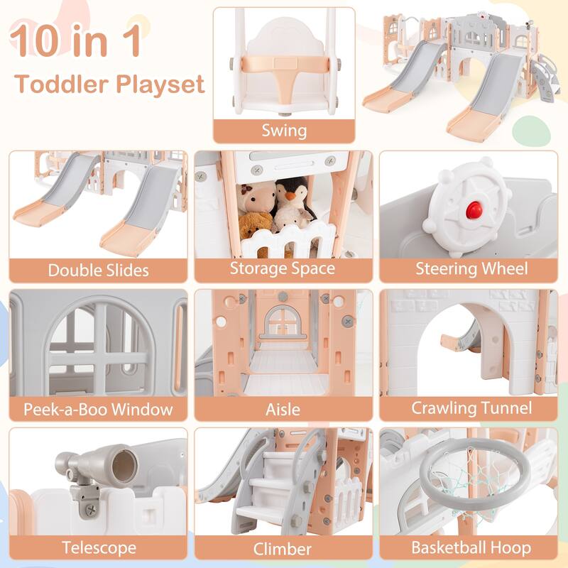 10 in 1 Toddler Slide and Swing Set with Double Slides Climber Basketball Hoop and Tunnel Indoor Outdoor Playset for Kids