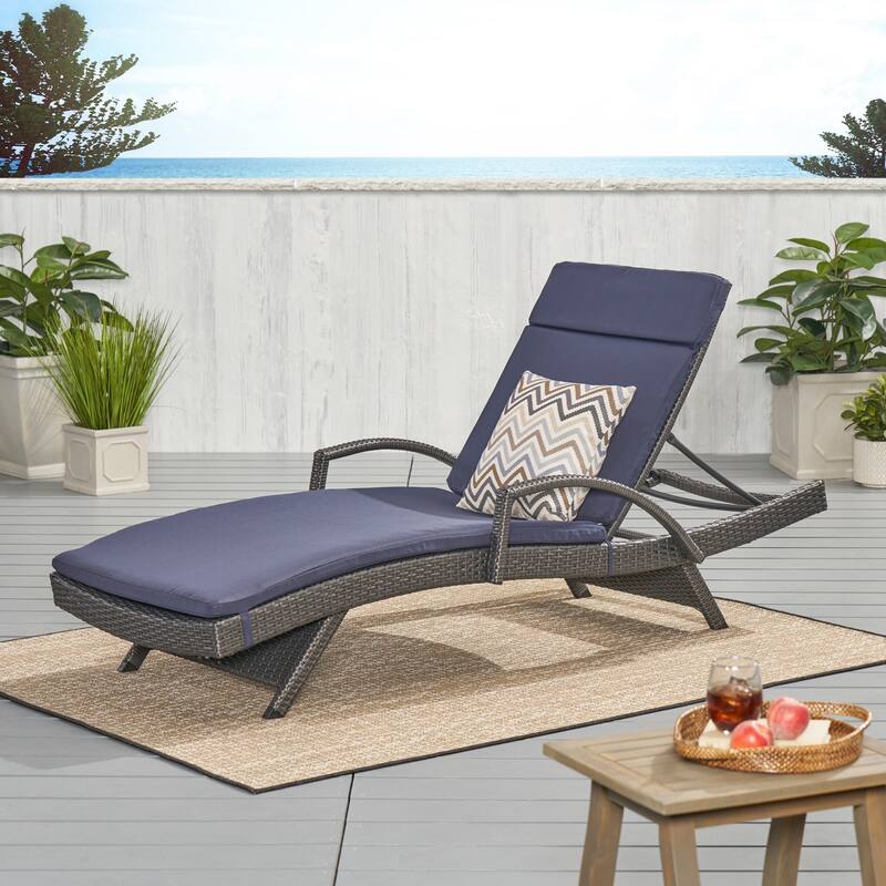 Toscana Outdoor Wicker Armed Cushioned Chaise Lounge by Christopher Knight Home - Grey/Navy Blue Cushion