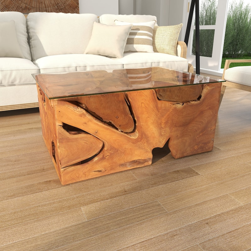 Benzara Brown/Clear Teak/Glass 43-inch x 18-inch Coffee Table
