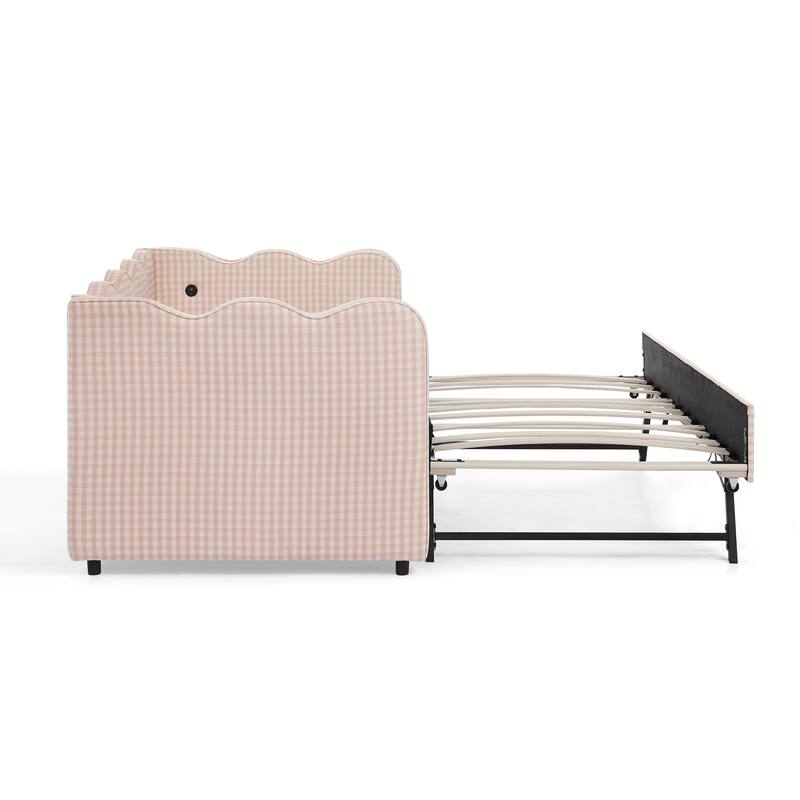 Linen Fabric Gingham Daybed with Trundle, Twin Size Sofa Bed with USB Port and Adorable Wave Shaped Headboard