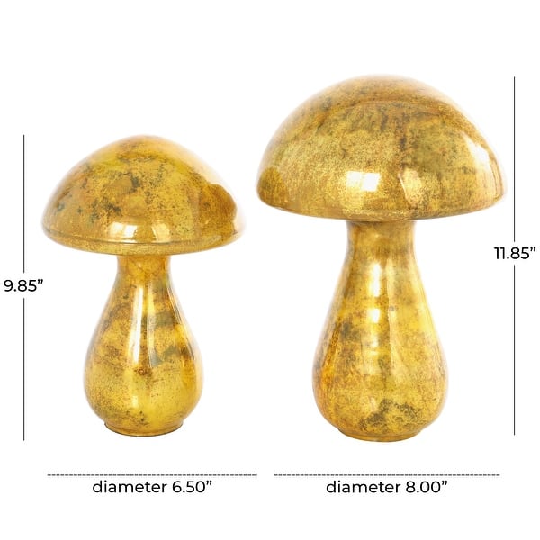 dimension image slide 1 of 3, Gold, Green or Champagne Glass Handmade Glossy Weathered Mushroom Sculpture (Set of 2)