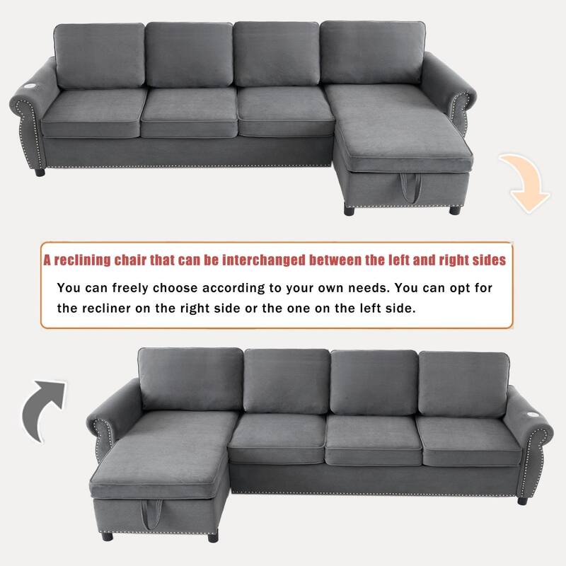 106.5" L-Shaped Flannelette Sectional Sofa with Pull-Out Bed