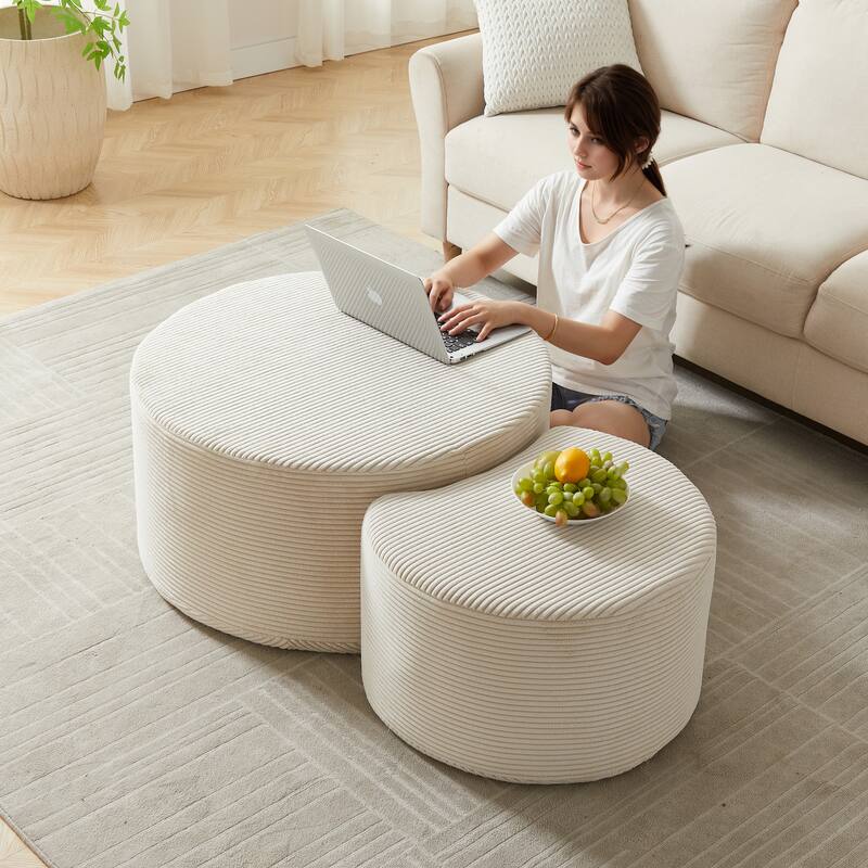 Modern Nesting Coffee Table Set of 2 – Round Upholstered Ottoman-Style Tables for Living Room, No Assembly Required‌