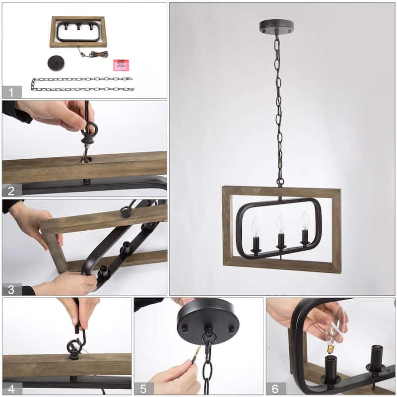 Farmhouse 3-Light Wood Kitchen Island Pendant Lights Adjustable Frame - L17"xW13.5"xH14.5"