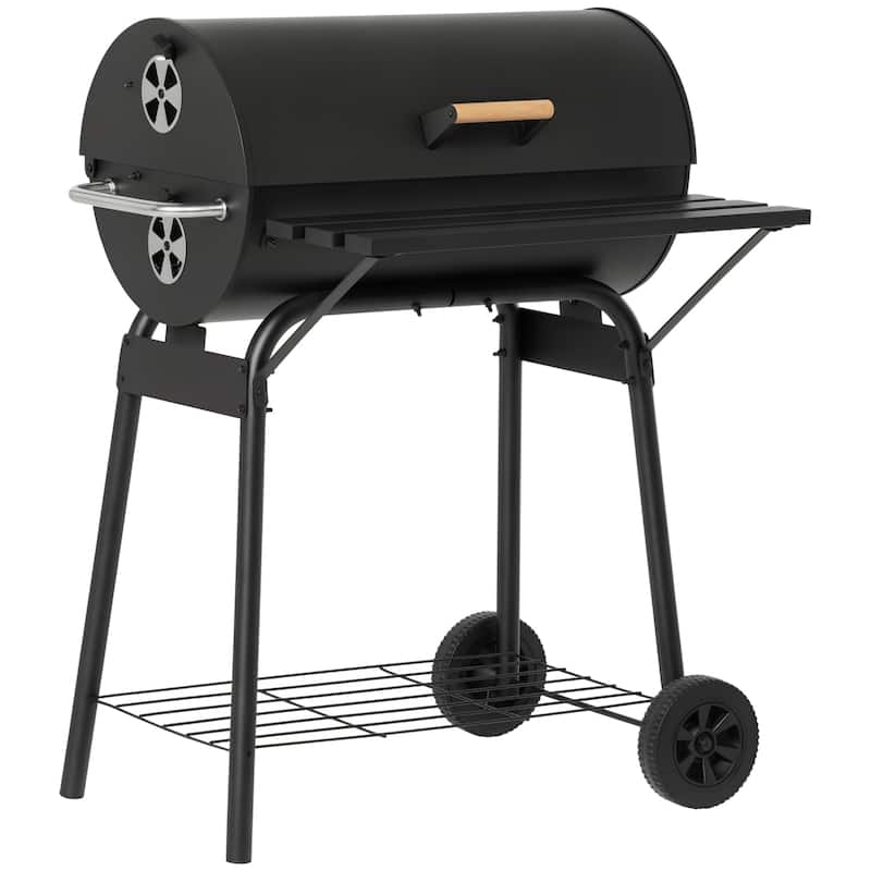 Outsunny 30" Portable Charcoal BBQ Grill Carbon Steel Outdoor Barbecue with Adjustable Charcoal Rack, Storage Shelf, Wheel