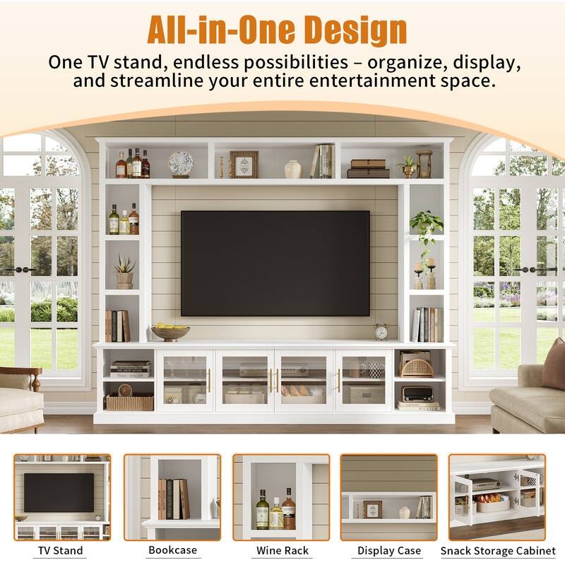 Modern Entertainment Center Wall Unit for TVs up to 80", One-Piece 95.1" TV Console Unit with Bookshelves & Tempered Glass Doors