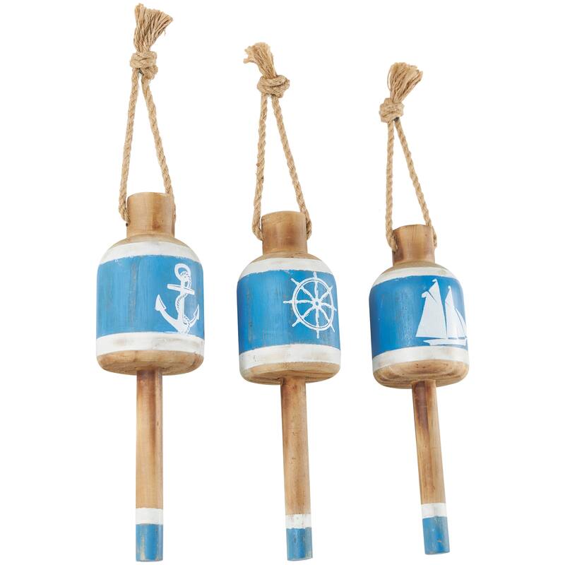 Blue Wood Anchor, Sailboat, and Ship Wheel Buoy Home Wall Decor with Hanging Rope (Set of 3)