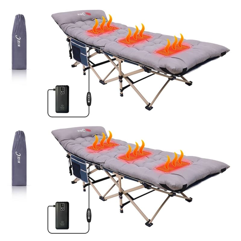 Cot, Camping Cot, Heated Camping cot with 10000mAh Power Bank Heavy Duty Holds 500 Lbs - 74 x 26.5 - 2-Pack Grey