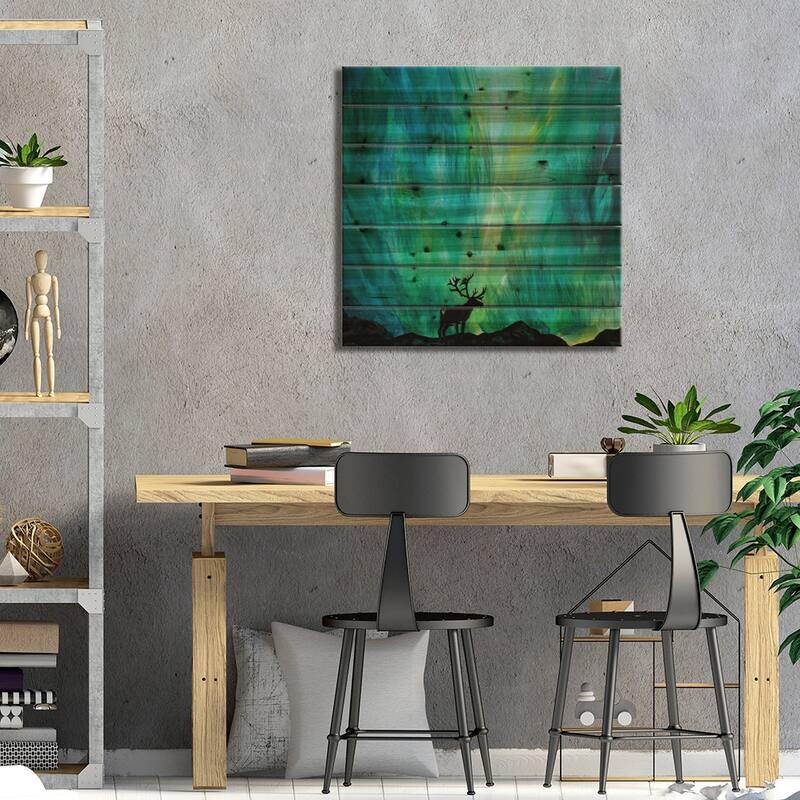 Elk Northern Lights Print On Wood by Lindsey Dahl - Multi-Color