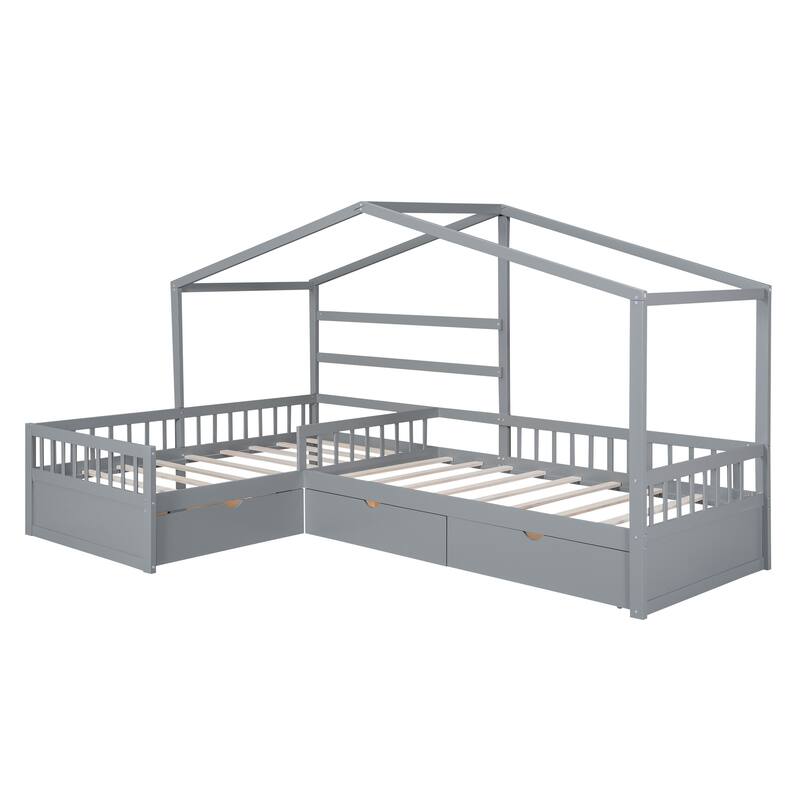 Roomfitters Twin House Platform Bed with Roof-Inspired Frame and Three Underbed Compartments