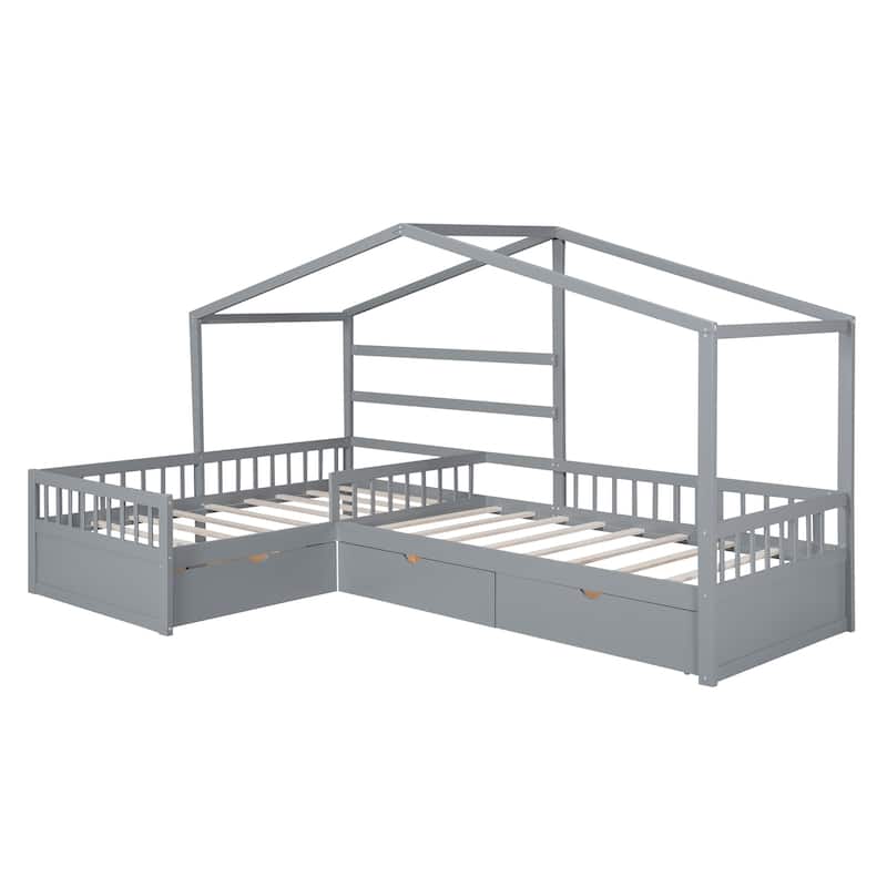 Twin Size House Bed Wood L-Shaped Platform Bed with 3 Storage Drawers