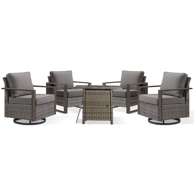 Meyreso 5-Piece Wicker Patio Conversation Set with Fire Pit & Plush 4.5" Olefin Cushions