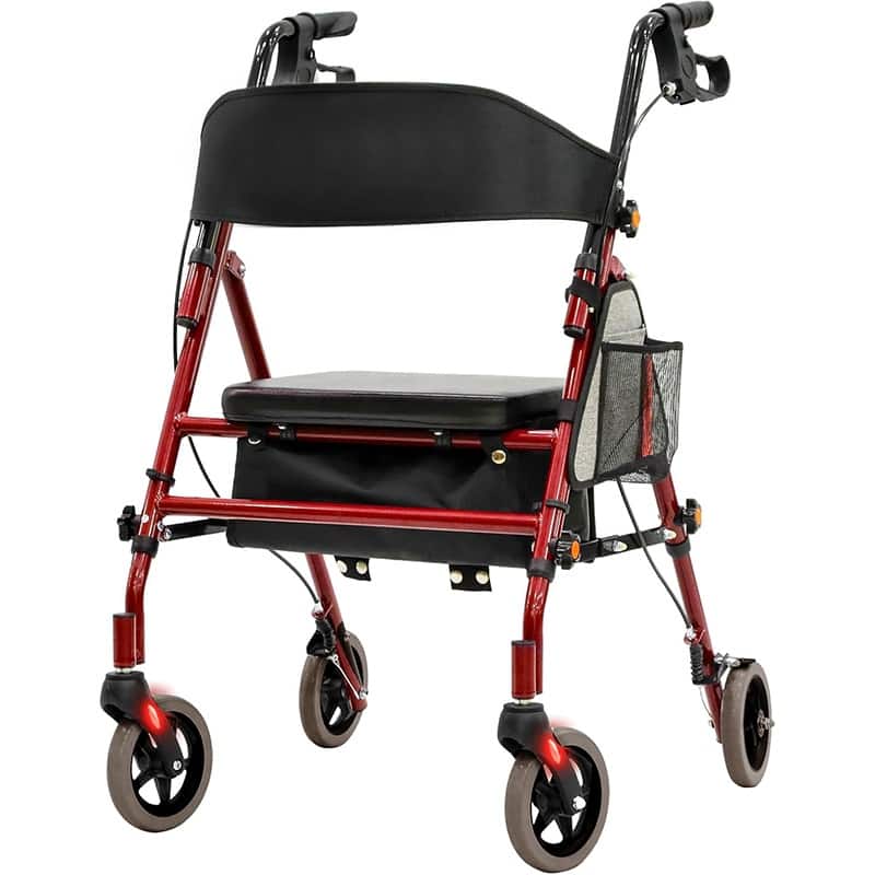 Lightweight Foldable Rollator Walkers with Seat for Seniors, 350 lb Capacity, 5-Position Adjustable Height - Red - Red