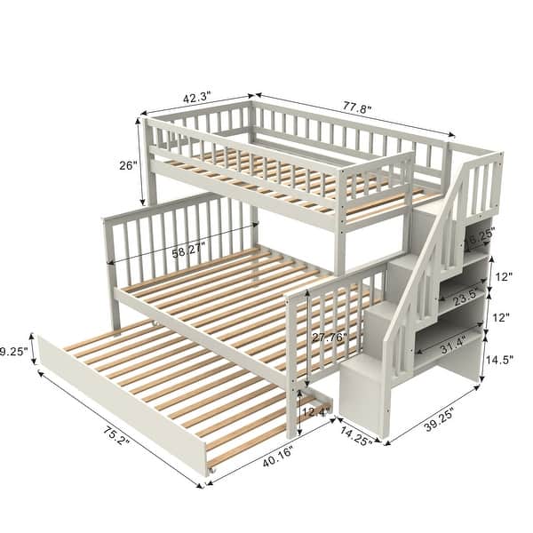 dimension image slide 0 of 2, Stairway Twin over Full Bunk Bed with Trundle,Modern Style Wooden Bed